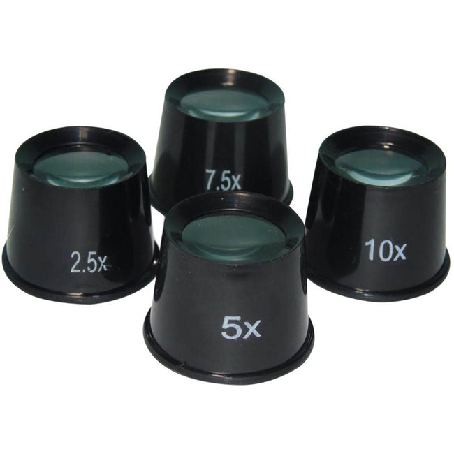 4 Piece Black Jeweler's Loupe Set - 2.5X, 5X, 7.5X, and 10X Power - MG-18411 - ToolUSA
