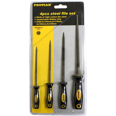 4 Piece Set Of Steel Files From 6" -9" Long With Rubber Grip Handles - F-93456 - ToolUSA