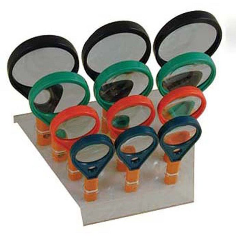 4 Sizes: 2", 2.5", 3", 3.5", 2x & 4x Power, Tennis Racket Shaped Magnifiers In Display Rack - MG-09800 - ToolUSA