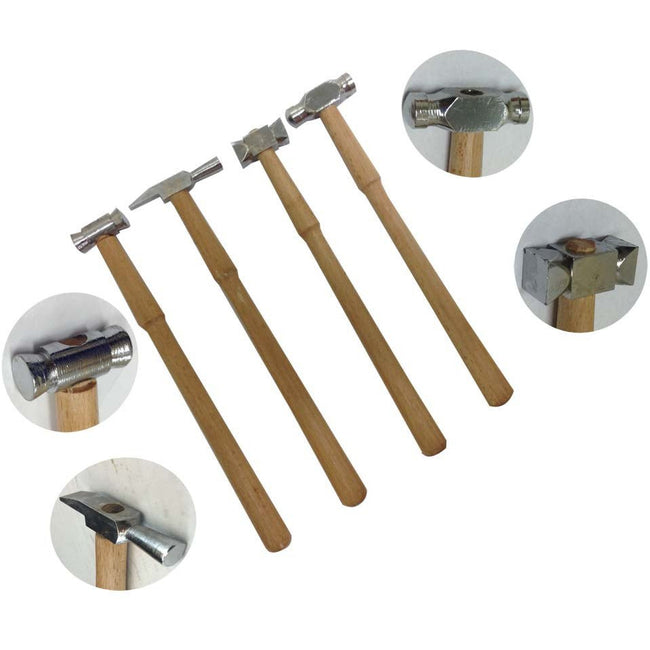 4pc Jeweler's Steel Hammer Set - 9" - Wooden Handle - Square, Ballpein, Chisel Head - PH-02704 - ToolUSA