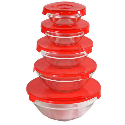 5 Piece Glass Bowl Set With Matching Red Plastic Lids - LK-LKCO-42789 - ToolUSA