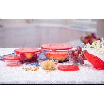 5 Piece Glass Bowl Set With Matching Red Plastic Lids - LK-LKCO-42789 - ToolUSA