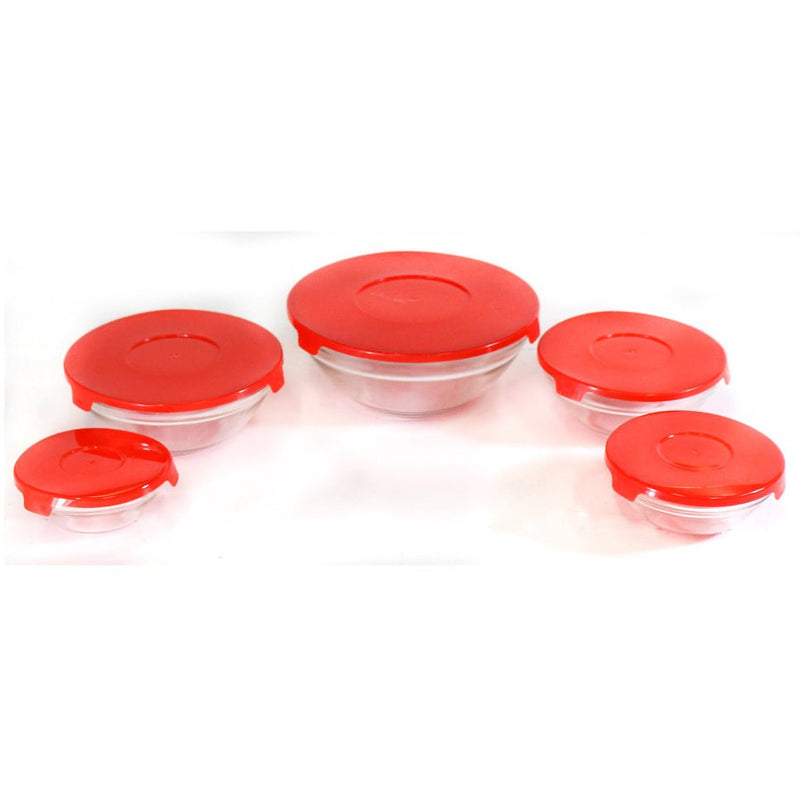 5 Piece Glass Bowl Set With Matching Red Plastic Lids - LK-LKCO-42789 - ToolUSA