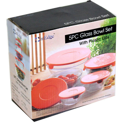 5 Piece Glass Bowl Set With Matching Red Plastic Lids - LK-LKCO-42789 - ToolUSA