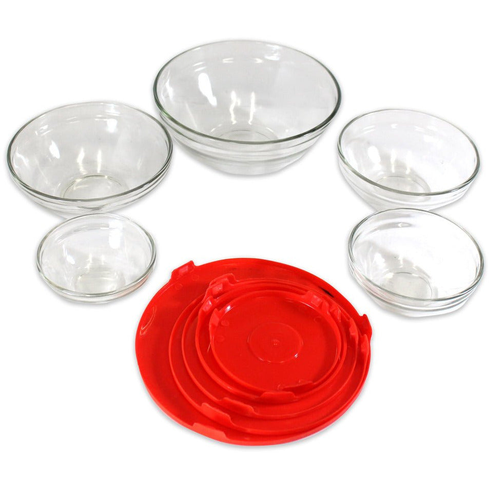 5 Piece Glass Bowl Set With Matching Red Plastic Lids - LK-LKCO-42789 - ToolUSA