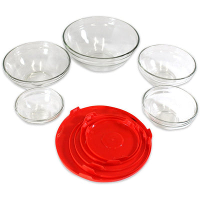 5 Piece Glass Bowl Set With Matching Red Plastic Lids - LK-LKCO-42789 - ToolUSA