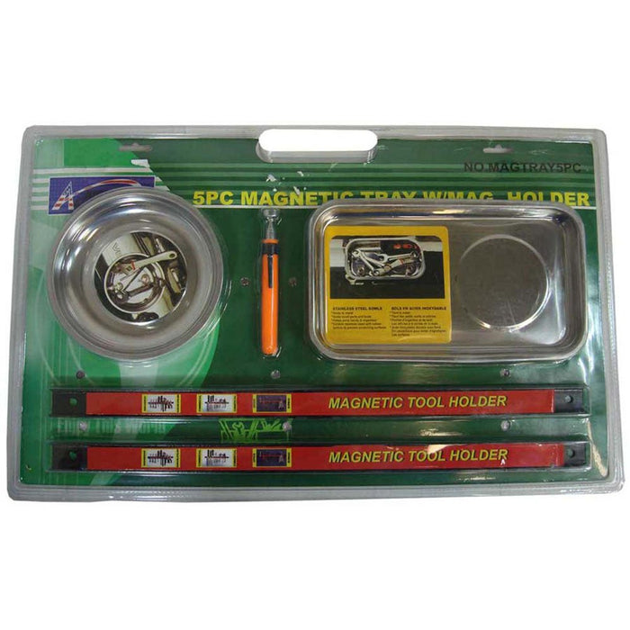 5 Piece Magnetic Tool Holders - 2 Trays, 2 Wall-mountable Bars & Extension Pickup Tool - LYAL-5425 - ToolUSA