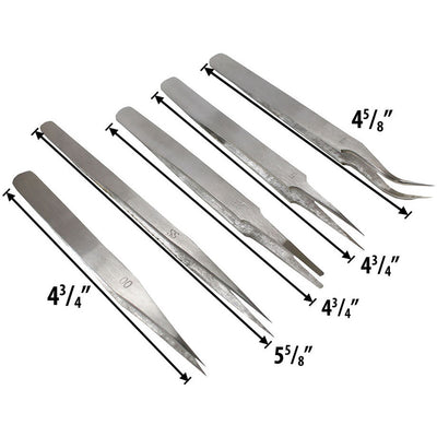 5 Piece Stainless Steel Non-Magnetic Tweezer Set - S1-18642 - ToolUSA