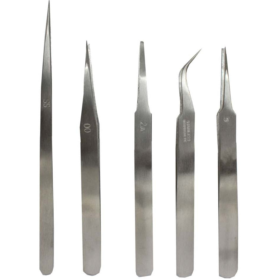 5 Piece Stainless Steel Non-Magnetic Tweezer Set - S1-18642 - ToolUSA