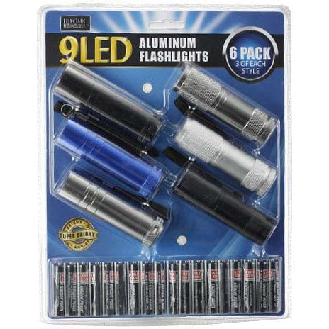 6 Pack Aluminum 9-LED Flashlights with Batteries - LKCO-6262-FL - ToolUSA
