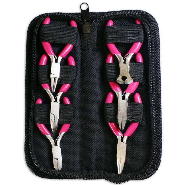 6 Piece Mini Plier Set With Pink Vinyl Handles In A Neat Zipper Case - TJ-TJ-JEWPLR-YW - ToolUSA
