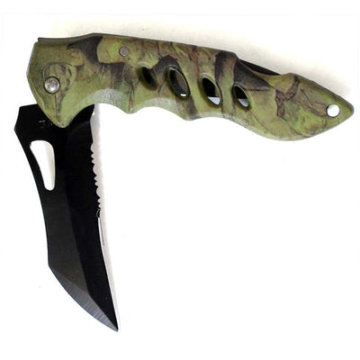 7.5" Hunting And Fishing Knife With A 3" Partially Serrated Blade: Woodland Camo Handle - PK-14371 - ToolUSA