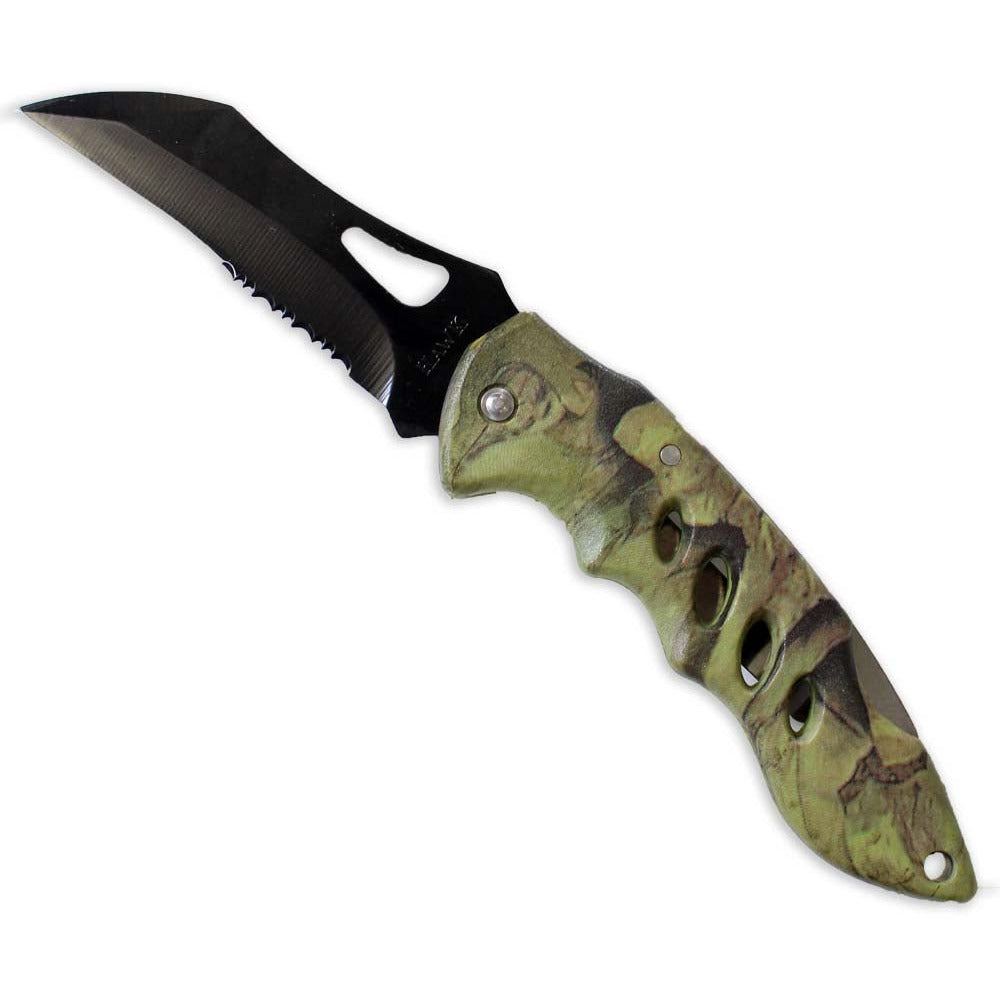 7.5" Hunting And Fishing Knife With A 3" Partially Serrated Blade: Woodland Camo Handle - PK-14371 - ToolUSA