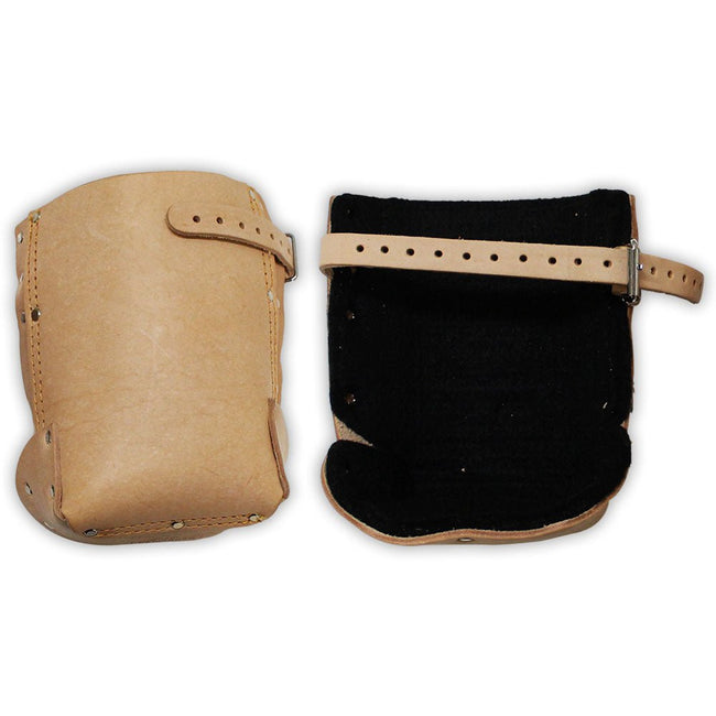 7.5" X 3.5" TAN LEATHER KNEE PADS WITH 12" ADJUSTABLE BUCKLED STRAPS - KP-29269 - ToolUSA