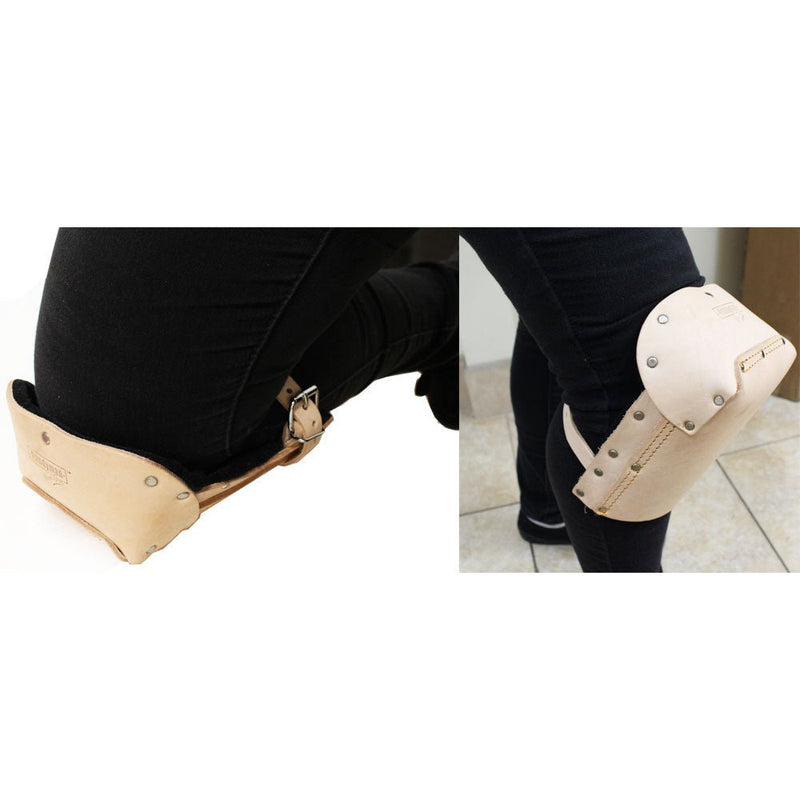 7.5" X 3.5" TAN LEATHER KNEE PADS WITH 12" ADJUSTABLE BUCKLED STRAPS - KP-29269 - ToolUSA