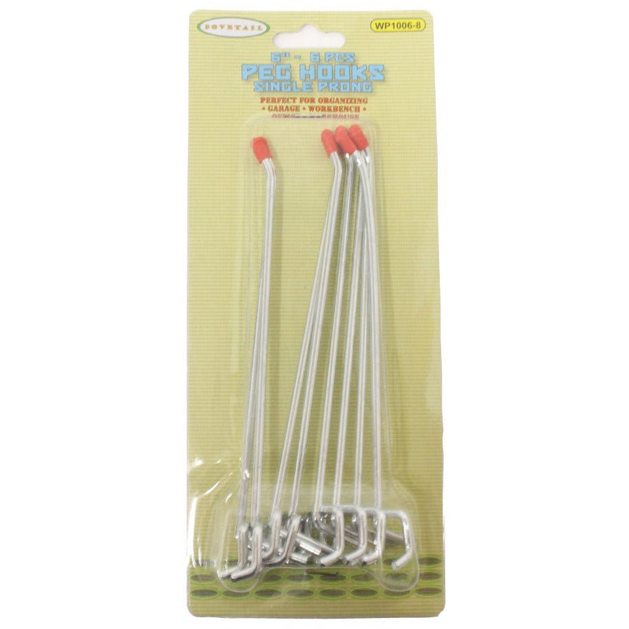 8 Pc 6" Single Straight Pegboard Hooks Set - Ball-ended Safety Tips - HW-10068 - ToolUSA