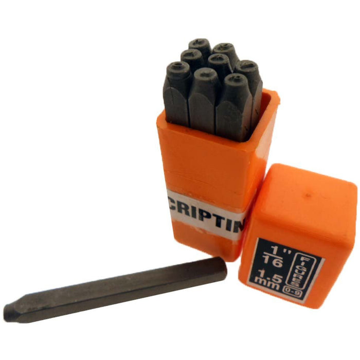 9 Pc. Hardened Steel Number Punch Set in Fancy "Scriptina" Design, 1/16" Size - TJ-30885 - ToolUSA
