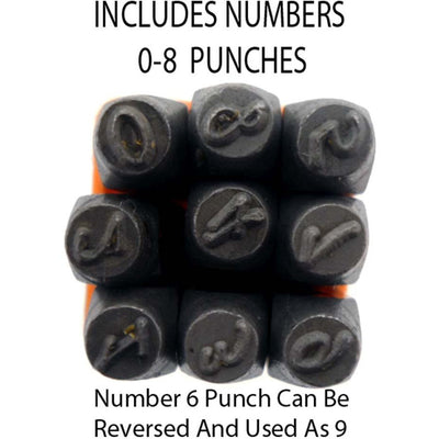 9 Pc. Hardened Steel Number Punch Set In Fancy "scriptina" Design, 1/8" Size - TJ-30895 - ToolUSA