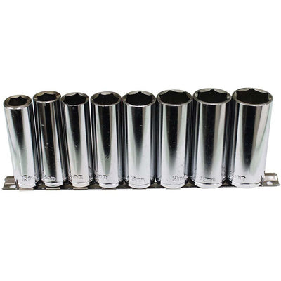 9 Piece, 1/2" Deep Socket Set, Sockets From Size 13mm To 24mm, With Socket Holder Rack - TU-FR-6414 - ToolUSA