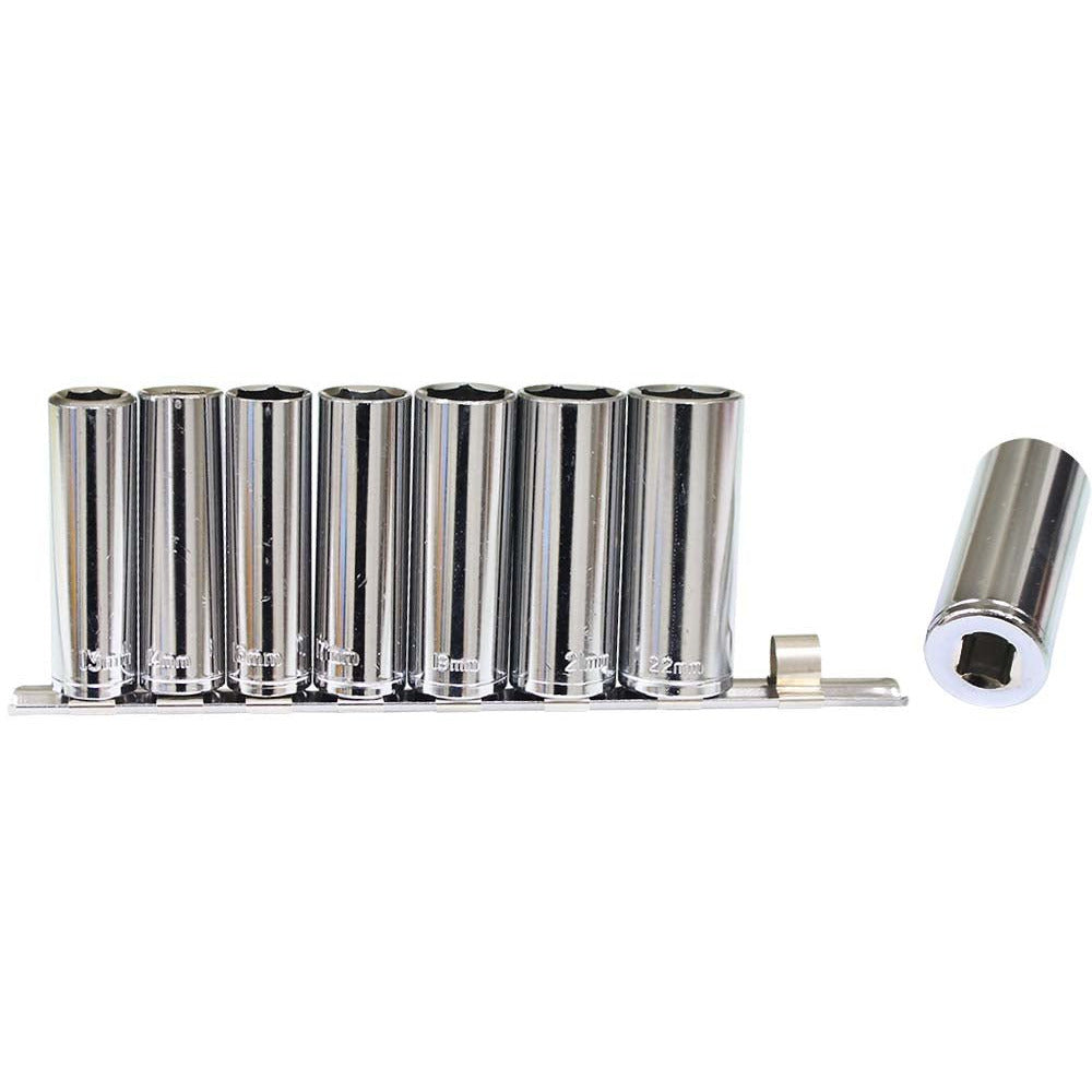 9 Piece, 1/2" Deep Socket Set, Sockets From Size 13mm To 24mm, With Socket Holder Rack - TU-FR-6414 - ToolUSA