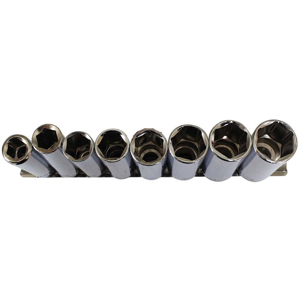 9 Piece, 1/2" Deep Socket Set, Sockets From Size 13mm To 24mm, With Socket Holder Rack - TU-FR-6414 - ToolUSA