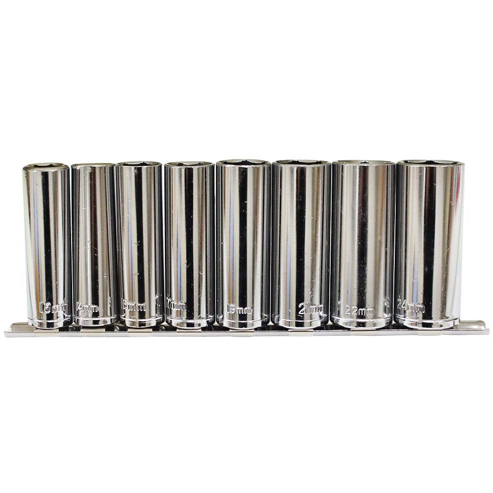 9 Piece, 1/2" Deep Socket Set, Sockets From Size 13mm To 24mm, With Socket Holder Rack - TU-FR-6414 - ToolUSA