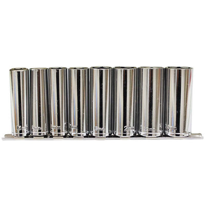 9 Piece, 1/2" Deep Socket Set, Sockets From Size 13mm To 24mm, With Socket Holder Rack - TU-FR-6414 - ToolUSA