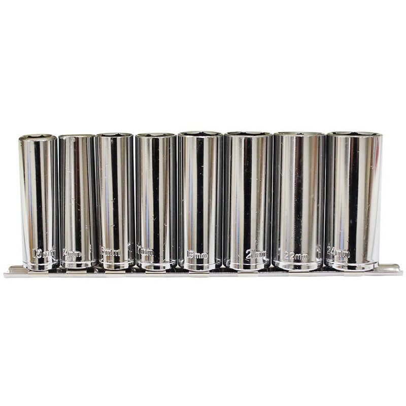 9 Piece, 1/2" Deep Socket Set, Sockets From Size 13mm To 24mm, With Socket Holder Rack - TU-FR-6414 - ToolUSA