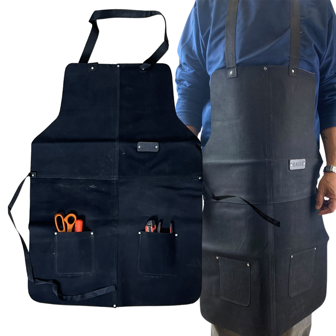 Black Genuine Leather Bib Style Shop Apron with 2 Pockets  - AS-50011
