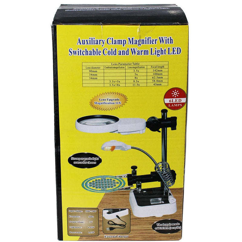 Clamp Magnifier With 2 Clamps, 3 Lenses 6 LED's And Soldering Iron Stand - MG8945AA-L6 - ToolUSA