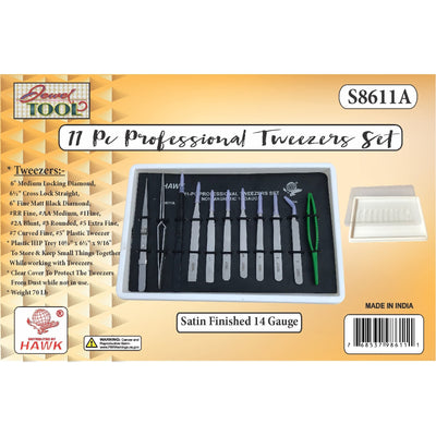 Complete Variety Set Of 11 Piece Professional Tweezers .10 Piece Steel, ! Piece Plastic - S1-98611 - ToolUSA