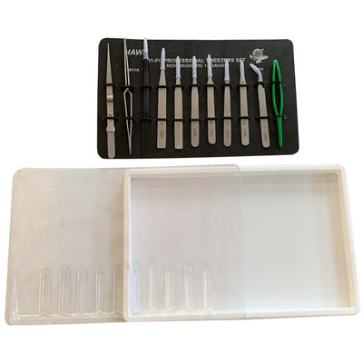 Complete Variety Set Of 11 Piece Professional Tweezers .10 Piece Steel, ! Piece Plastic - S1-98611 - ToolUSA