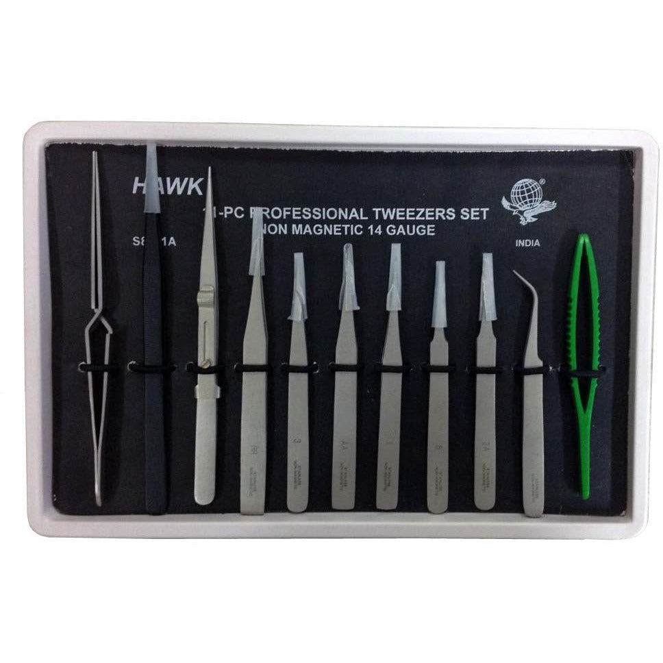 Complete Variety Set Of 11 Piece Professional Tweezers .10 Piece Steel, ! Piece Plastic - S1-98611 - ToolUSA