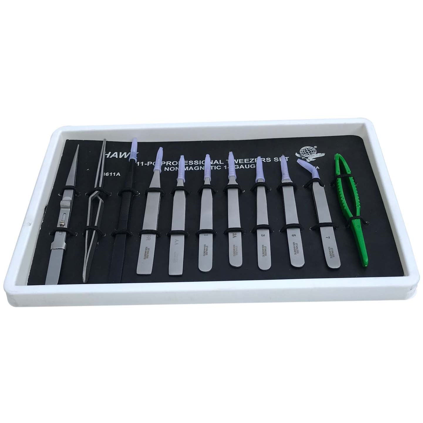 Complete Variety Set Of 11 Piece Professional Tweezers .10 Piece Steel, ! Piece Plastic - S1-98611 - ToolUSA