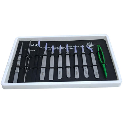 Complete Variety Set Of 11 Piece Professional Tweezers .10 Piece Steel, ! Piece Plastic - S1-98611 - ToolUSA