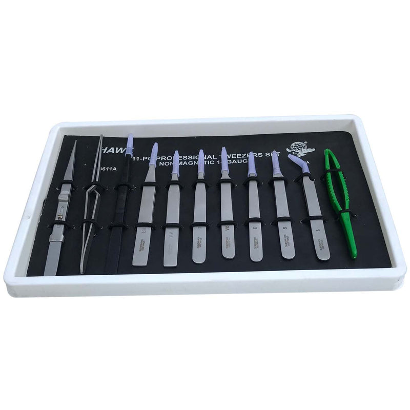 Complete Variety Set Of 11 Piece Professional Tweezers .10 Piece Steel, ! Piece Plastic - S1-98611 - ToolUSA