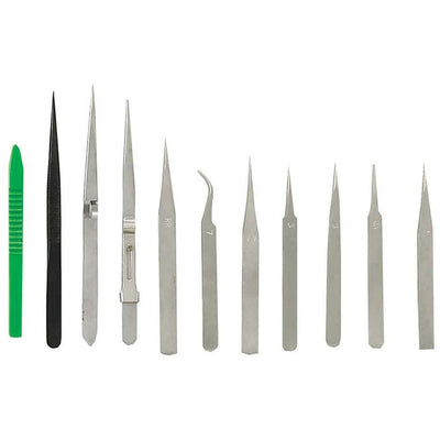 Complete Variety Set Of 11 Piece Professional Tweezers .10 Piece Steel, ! Piece Plastic - S1-98611 - ToolUSA