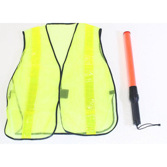 Deluxe Red LED Safety Baton & Neon Yellow Mesh Safety Vest Set - KIT-SW2-G - ToolUSA