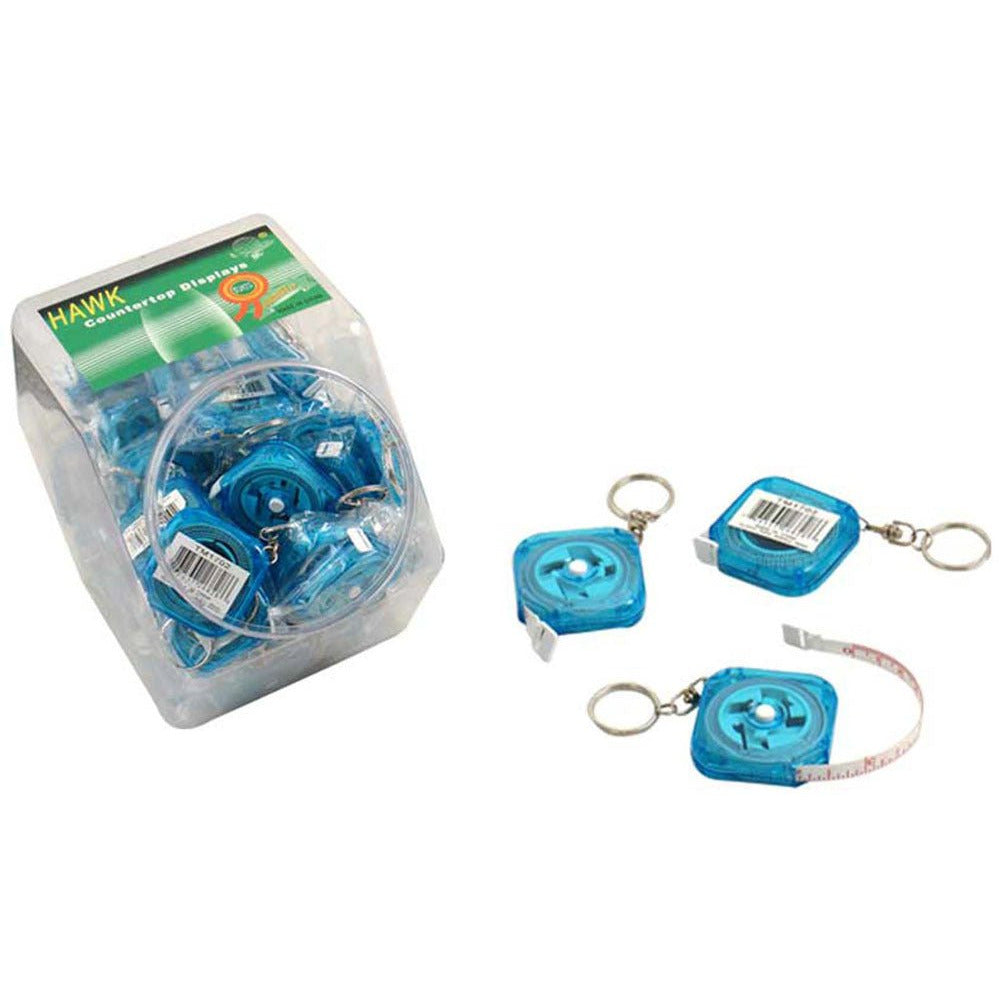 Display Jar Of 50 Piece,:Cloth Measuring Tapes, Each Is 5' Long In A Blue Plastic W/ Key Ring - TM-26828D - ToolUSA