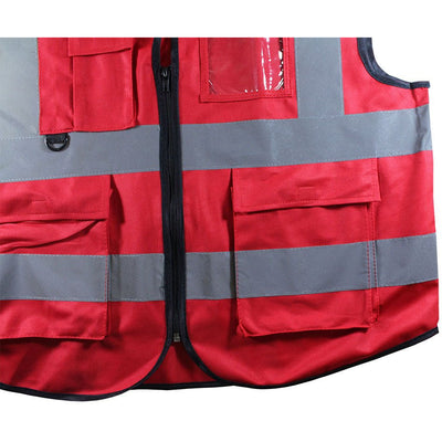 Extra Large Size Red Polyester Mesh Safety Vest With Black Trim and Reflective Stripes - SW15-RDX - ToolUSA