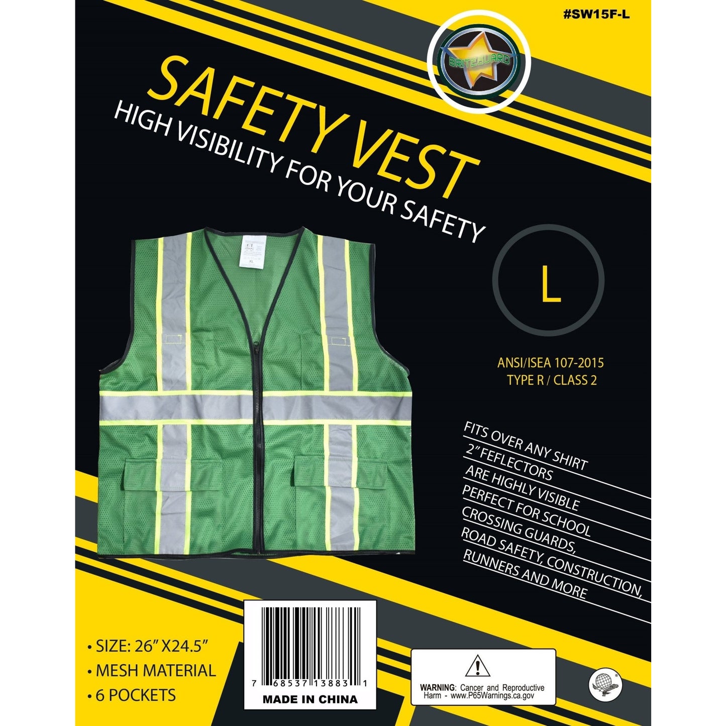 Forest Green Safety Vest With Neon Yellow And Silver Reflective Stripes-Size Large - SF-13883 - ToolUSA