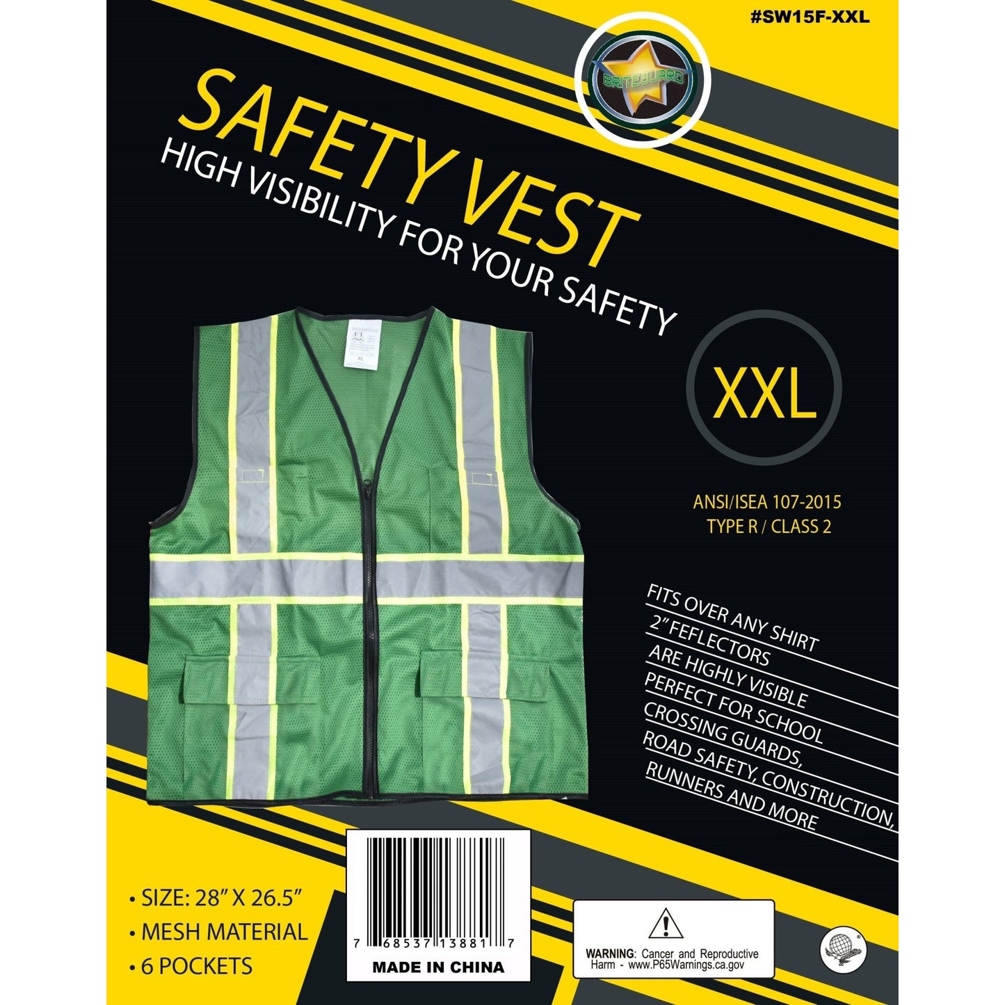Forest Green Safety Vest With Neon Yellow And Silver Reflective Stripes-Size XX Large - SF-13881 - ToolUSA