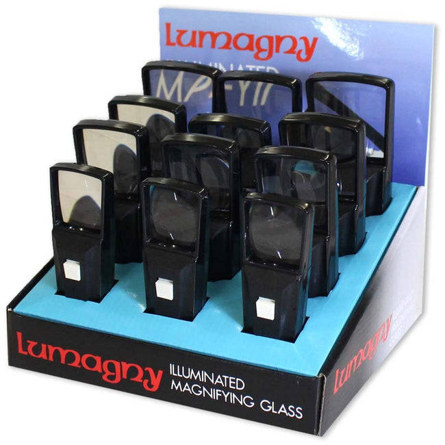 LUMAGNY: Magnifier 12 Piece Display With 4 Sizes of Rectangular Lens, Illuminated Magnfiers-2X Power - MG-08622 - ToolUSA