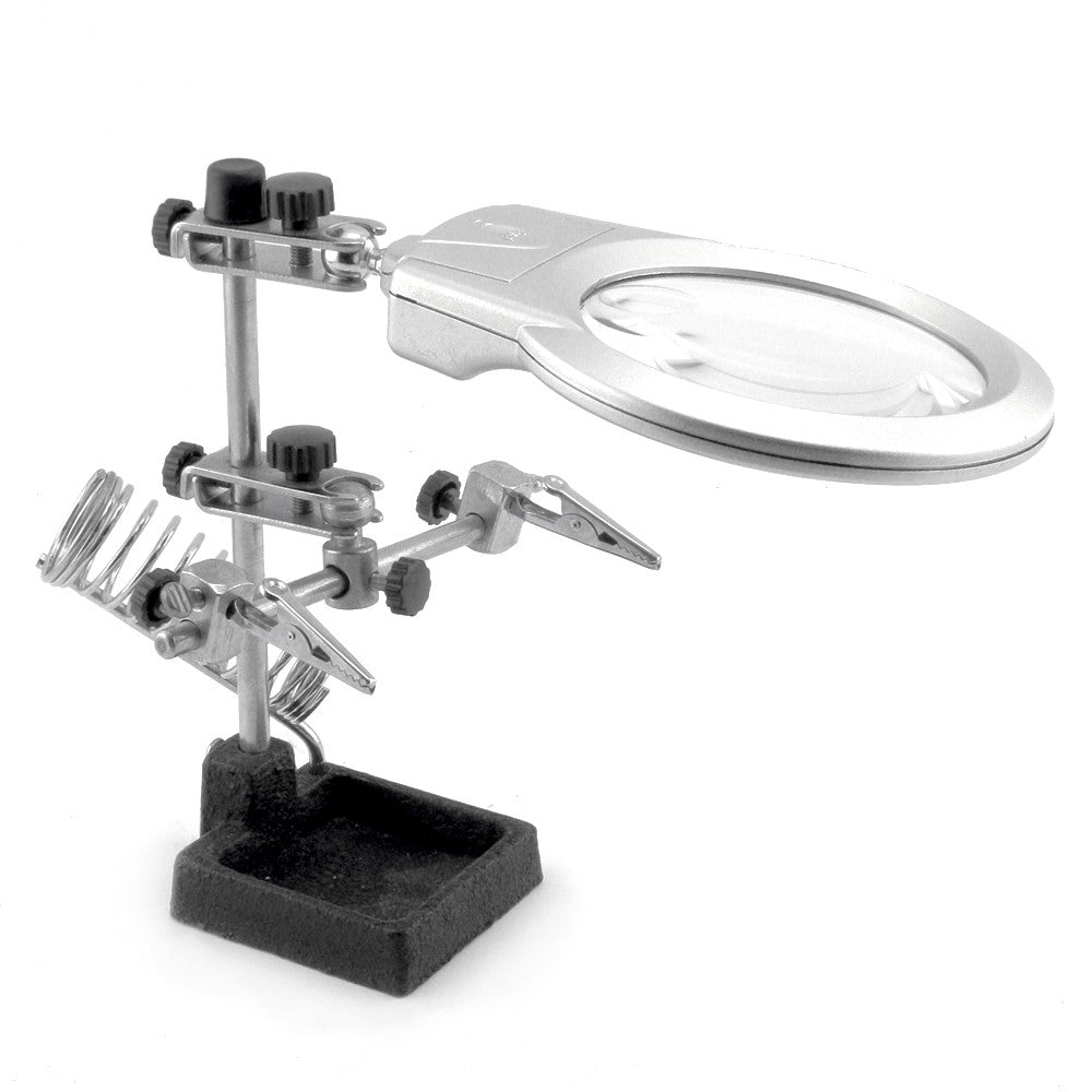 Magnifier with Alligator Clips, Soldering Iron Stand, and LED Lights on a Heavy Base - CR-89481 - ToolUSA