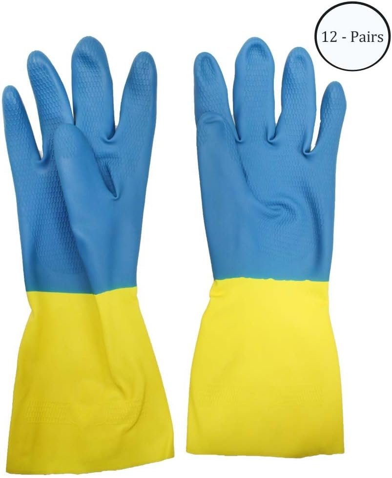 13" Yellow Latex and Blue Neoprene Gloves, 28 Mil