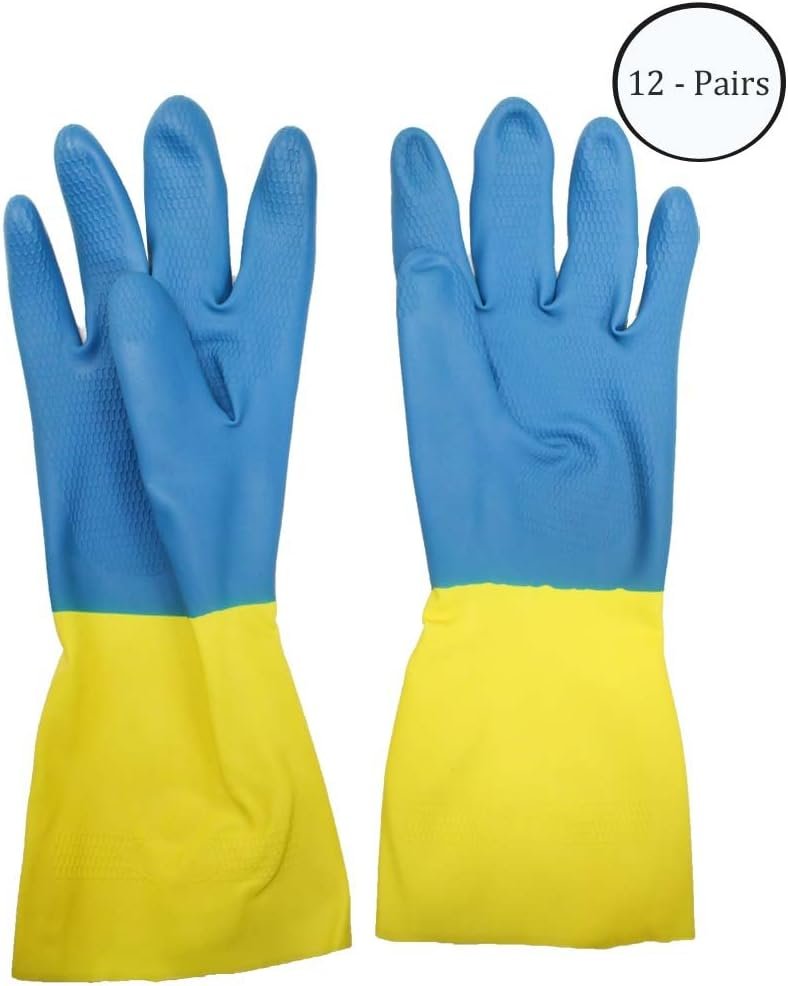 13" Yellow Latex and Blue Neoprene Gloves, 28 Mil