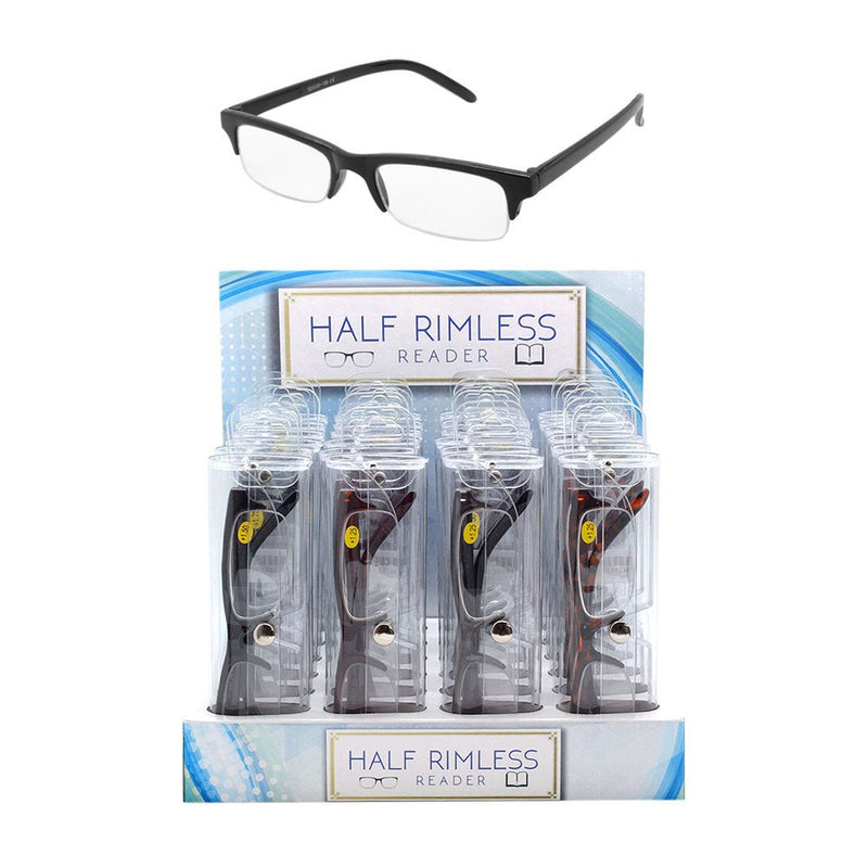 PLASTIC READING GLASSES, HALF RIMLESS DISPLAY OF 24 PIECES - RD-27585 - ToolUSA