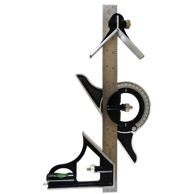 Precise 12 Inch Combination Square with Protractor, Center Head, Level, Ruler, And Handle - TM-12720 - ToolUSA