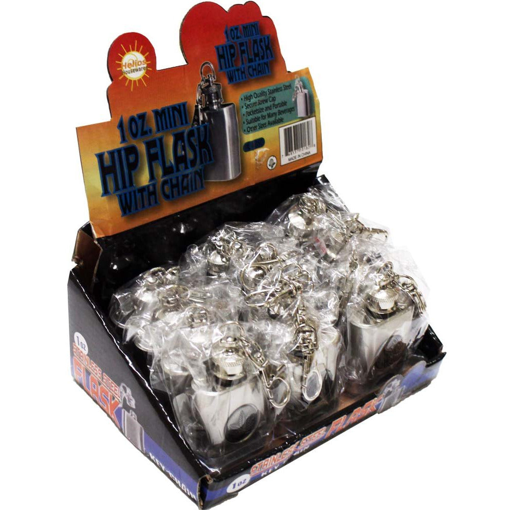 Set of 12 Mini Flasks With Key Rings In A Counter Top Display-Each is 1 Ounce - UK650-12 - ToolUSA