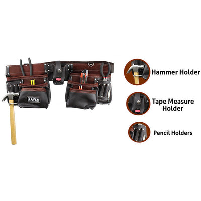 Top Grain Oiled Leather Tool Belt with 11 Pockets and 2 Hammer Holders - AA-88213 - ToolUSA